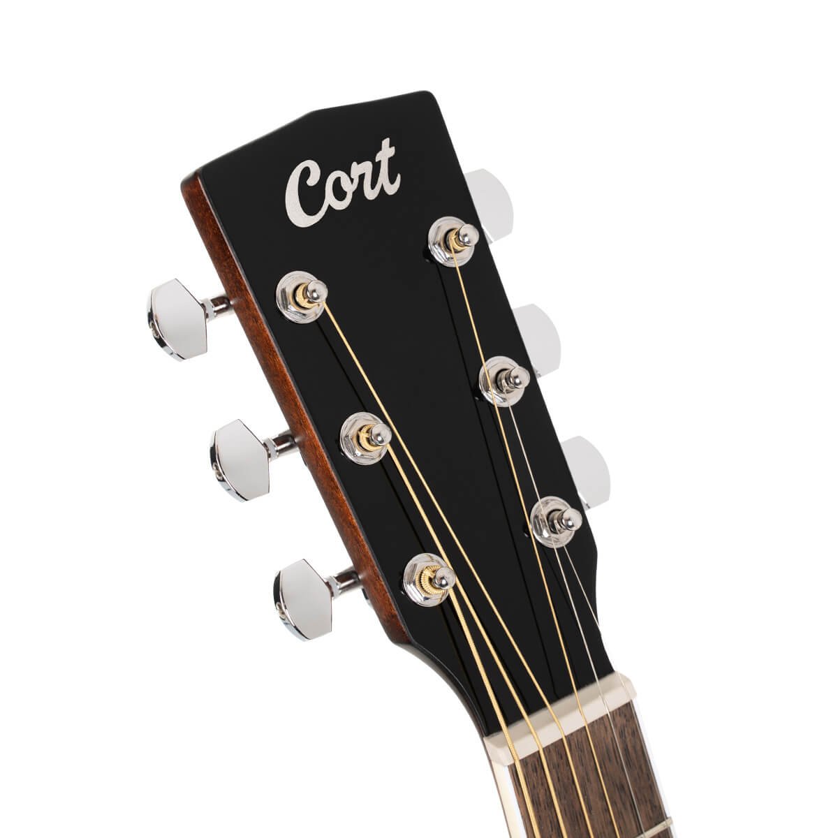 Đàn guitar acoustic điện Cort GA-DAO màu Natural Gloss – cận đầu đàn và logo Cort