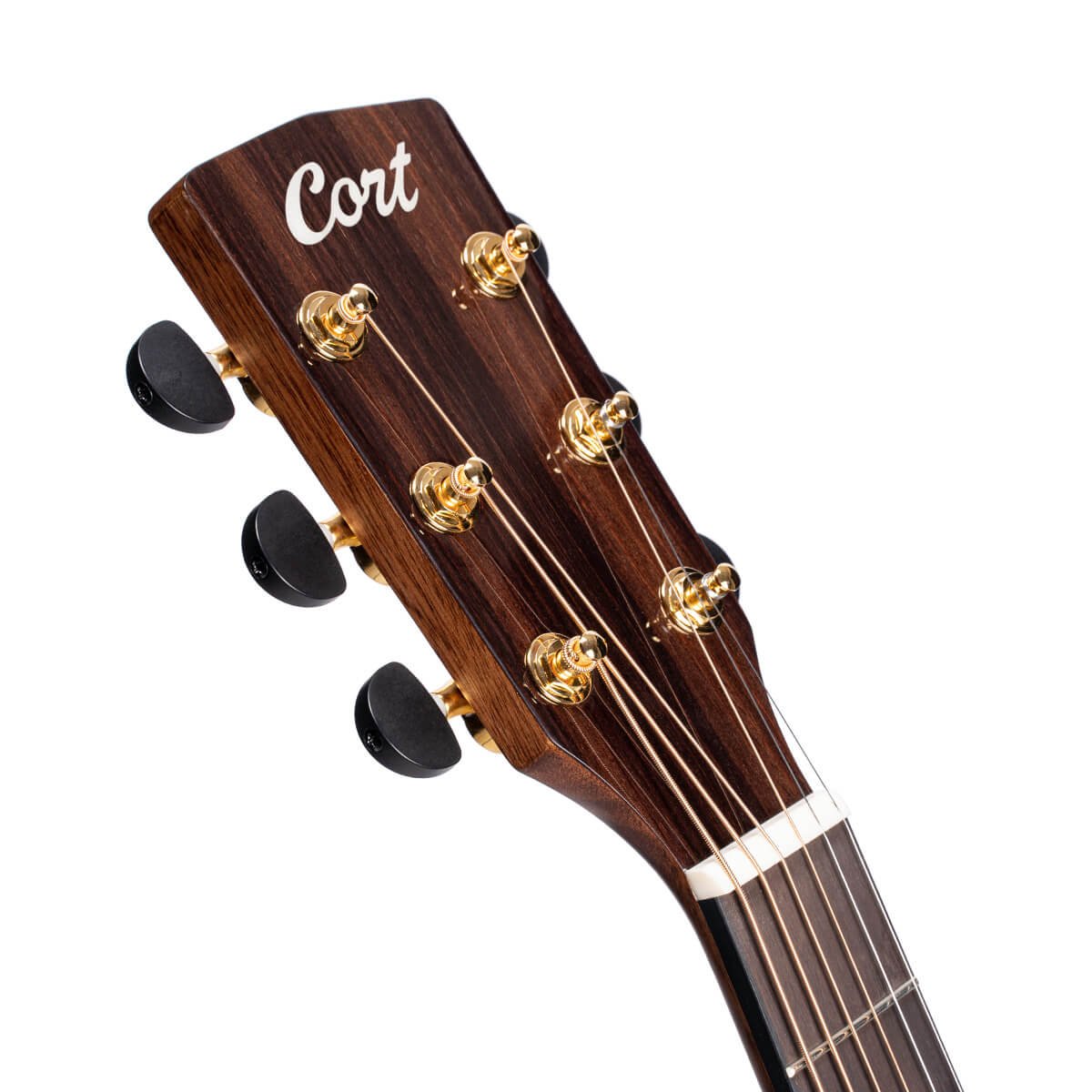 Đàn guitar acoustic điện Cort GA-MY Bevel màu Natural Gloss – cận đầu đàn và logo Cort