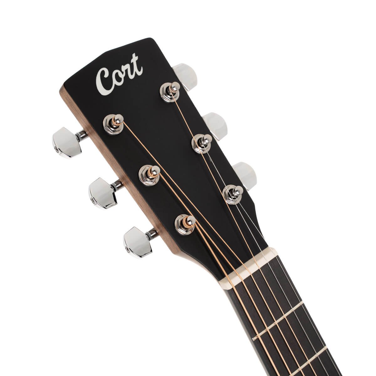 Đàn guitar acoustic điện Cort L100OCF-CED màu Black Satin – cận đầu đàn và logo Cort
