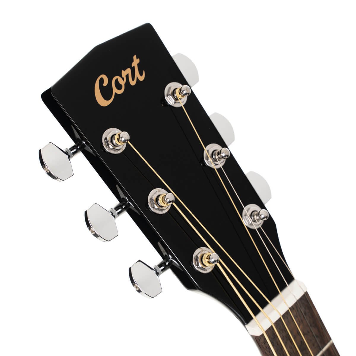 Đàn guitar acoustic điện Cort L60CE màu Black Gloss – cận đầu đàn và logo Cort