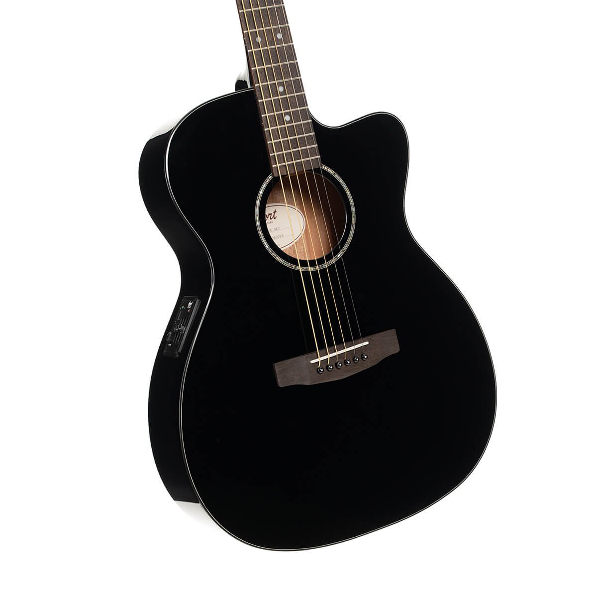 Đàn guitar acoustic điện Cort L60CE màu Black Gloss – góc nghiêng 3/4 toàn thân