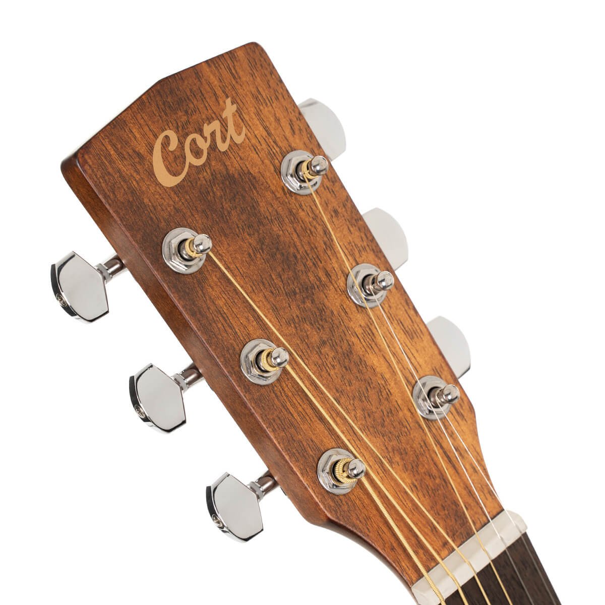 Đàn guitar acoustic điện Cort L60CE màu Natural Gloss – cận đầu đàn và logo Cort