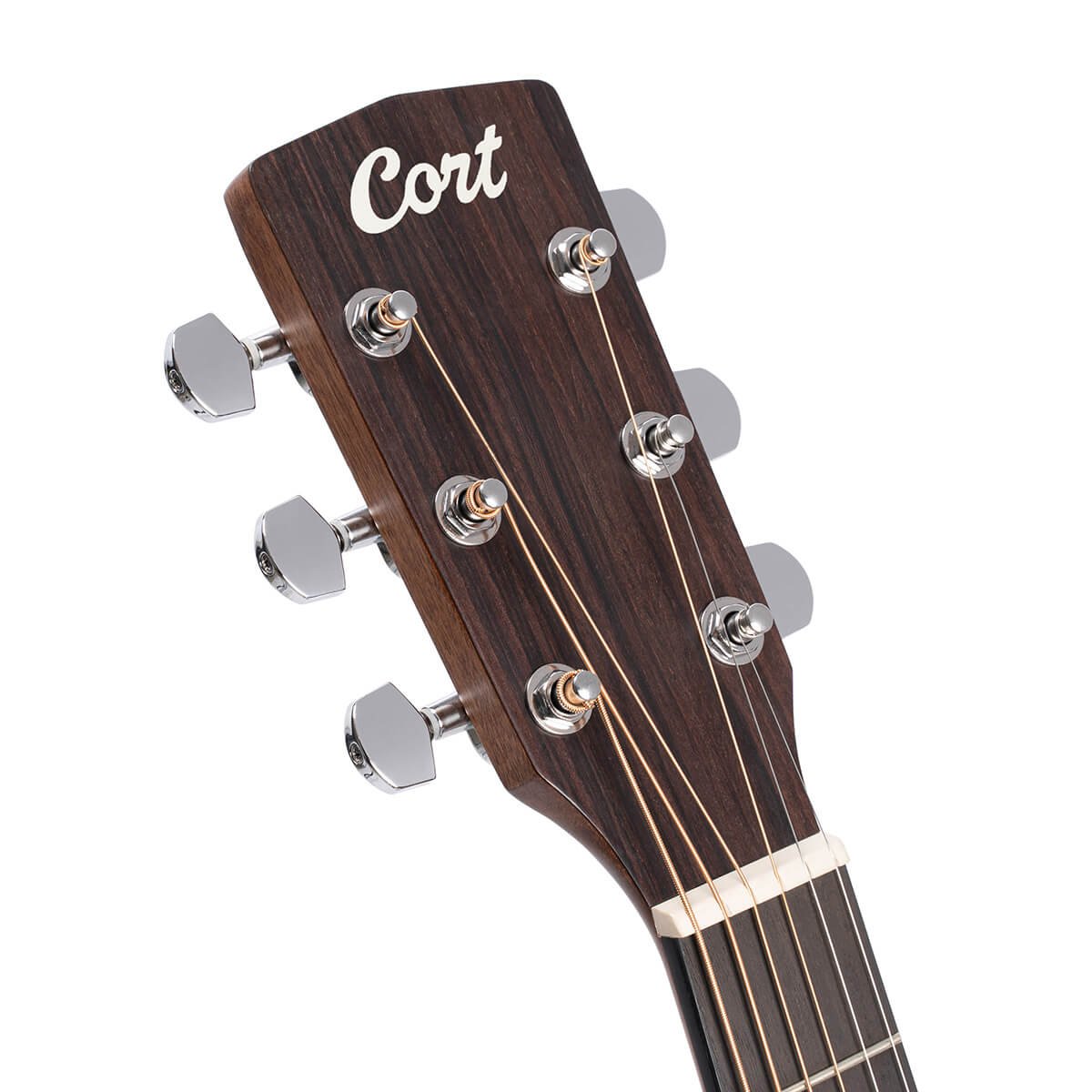 Đàn guitar acoustic điện Cort MR500E màu Open Pore – cận đầu đàn và logo Cort