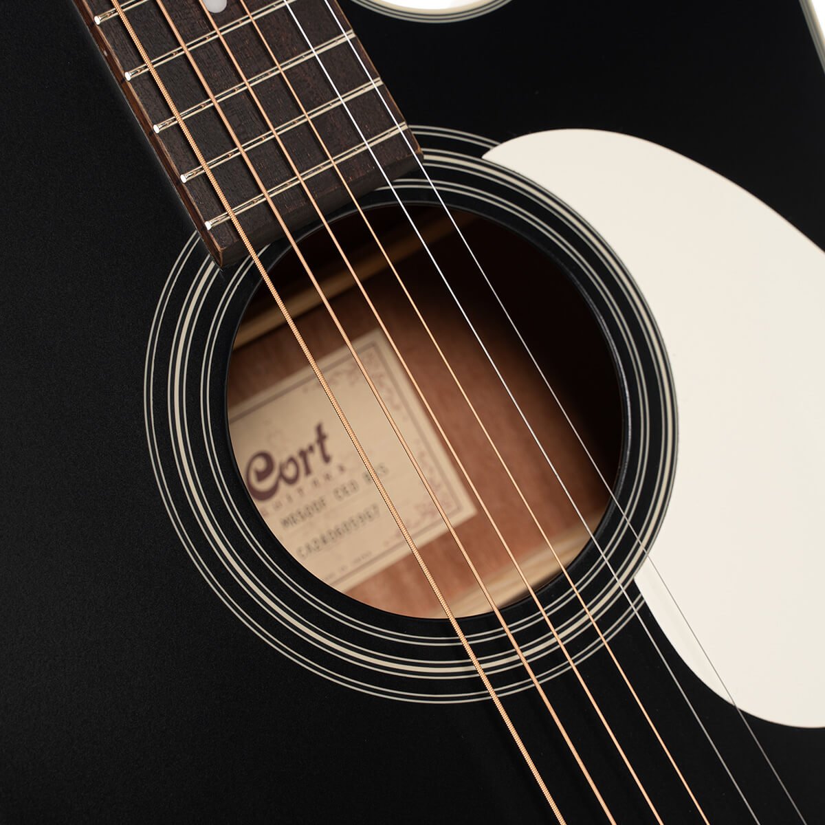 Đàn guitar acoustic điện Cort MR500F-CED màu Black Satin – cận hoa văn viền lỗ thoát âm (rosette)