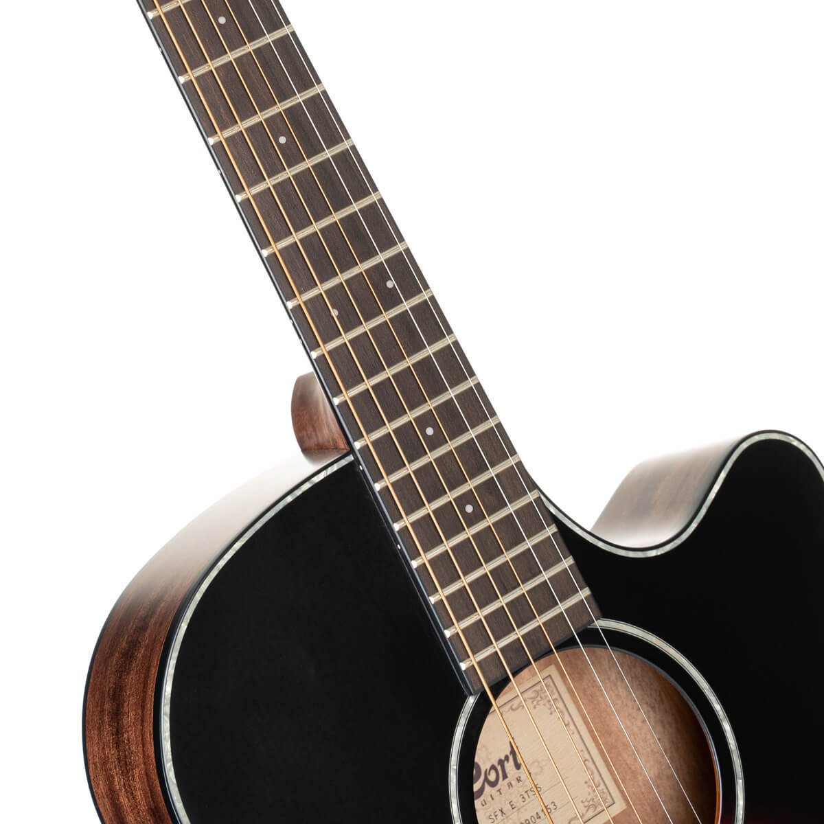 Đàn guitar acoustic điện Cort SFX-E màu 3 Tone Satin Sunburst – cận cần đàn và mặt phím