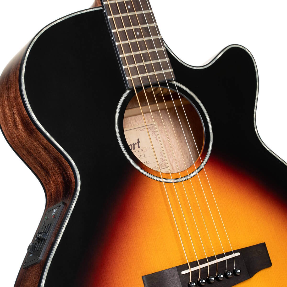 Đàn guitar acoustic điện Cort SFX-E màu 3 Tone Satin Sunburst – cận thùng đàn mặt trước