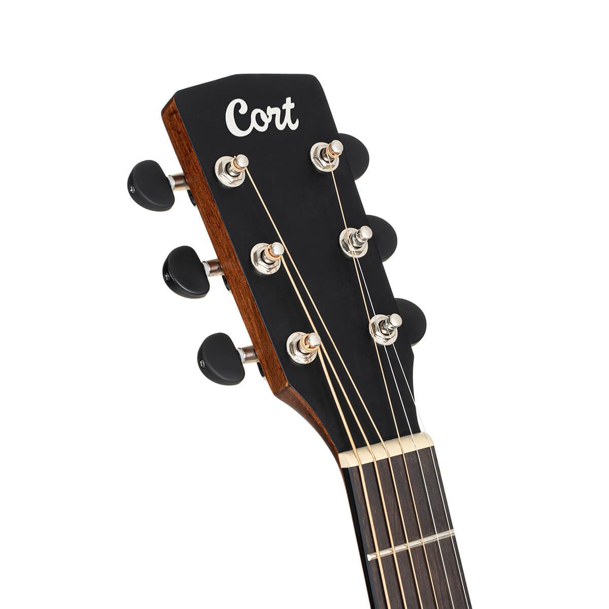 Đàn guitar acoustic điện Cort SFX-E màu Natural Satin – cận đầu đàn và logo Cort