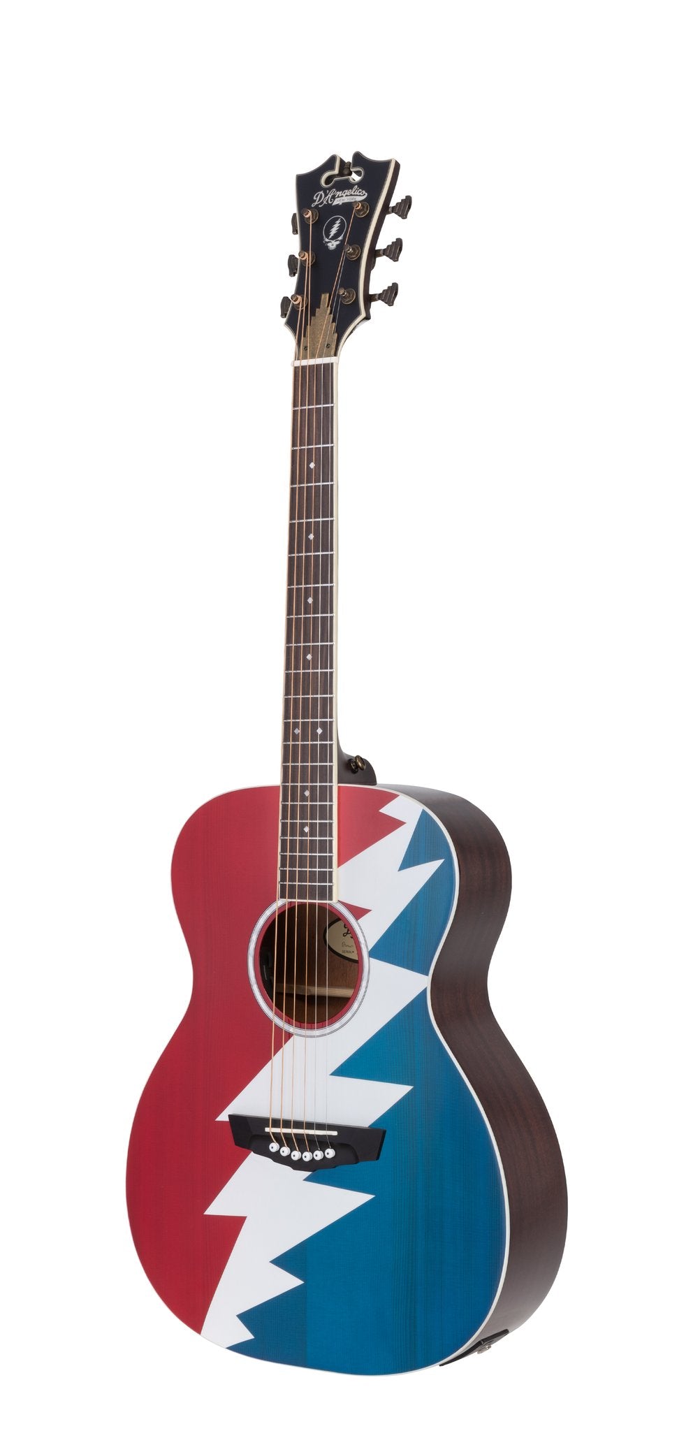 Đàn guitar acoustic điện D'Angelico Grateful Dead Tammany tia chớp đỏ trắng xanh – góc nghiêng 3/4 toàn thân