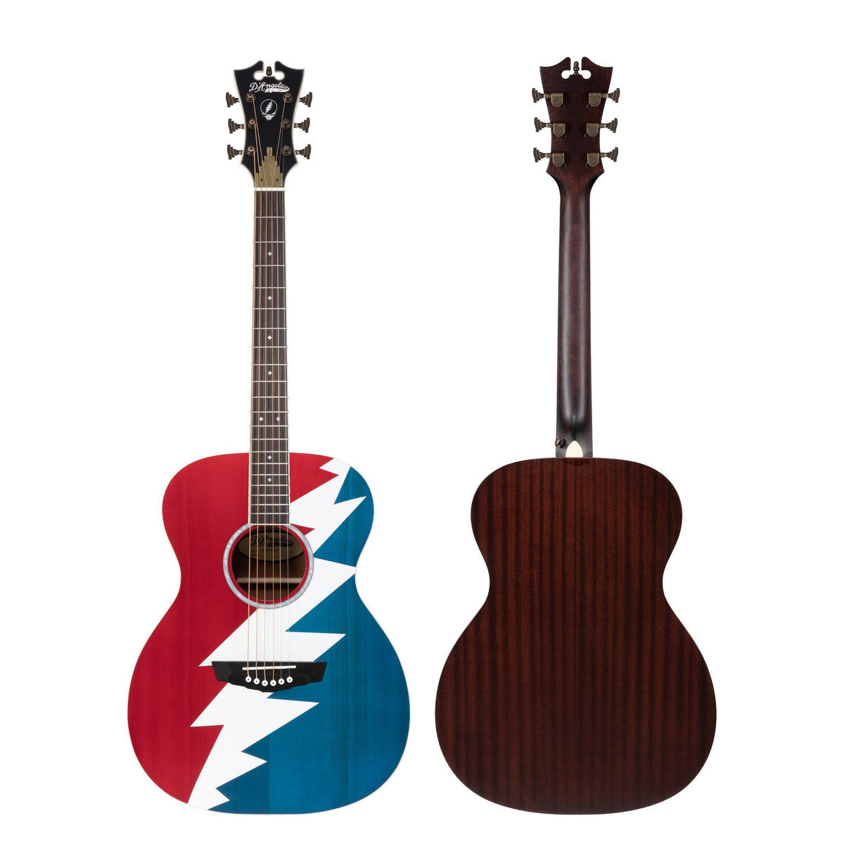 Đàn guitar acoustic điện D'Angelico Grateful Dead Tammany tia chớp đỏ trắng xanh – mặt trước và mặt lưng
