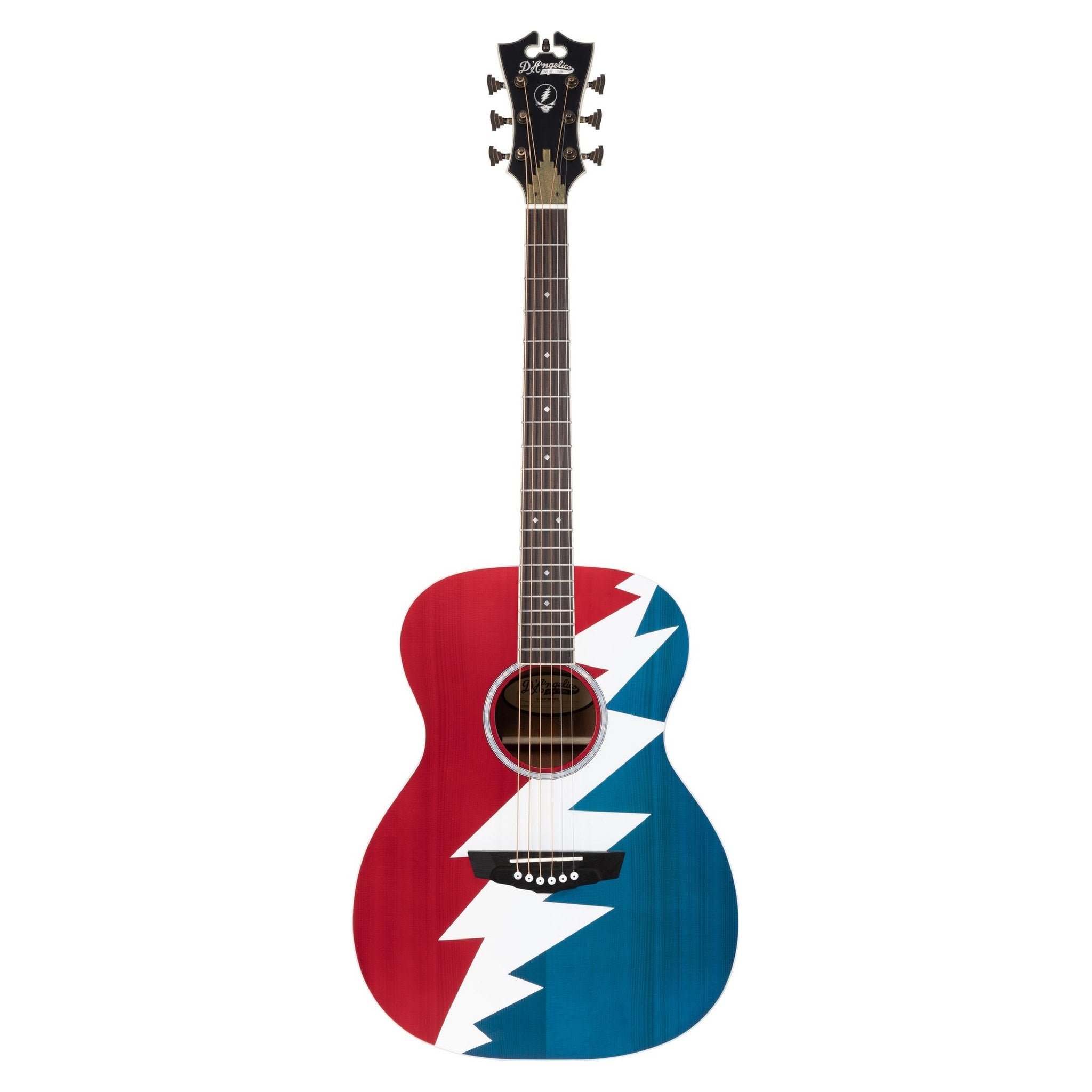 Đàn guitar acoustic điện D'Angelico Grateful Dead Tammany tia chớp đỏ trắng xanh – mặt trước toàn thân