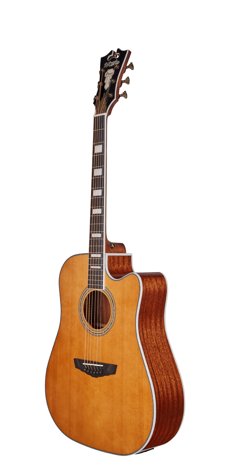 Đàn guitar acoustic điện D'Angelico Premier Bowery màu Vintage Natural – góc nghiêng 3/4 toàn thân