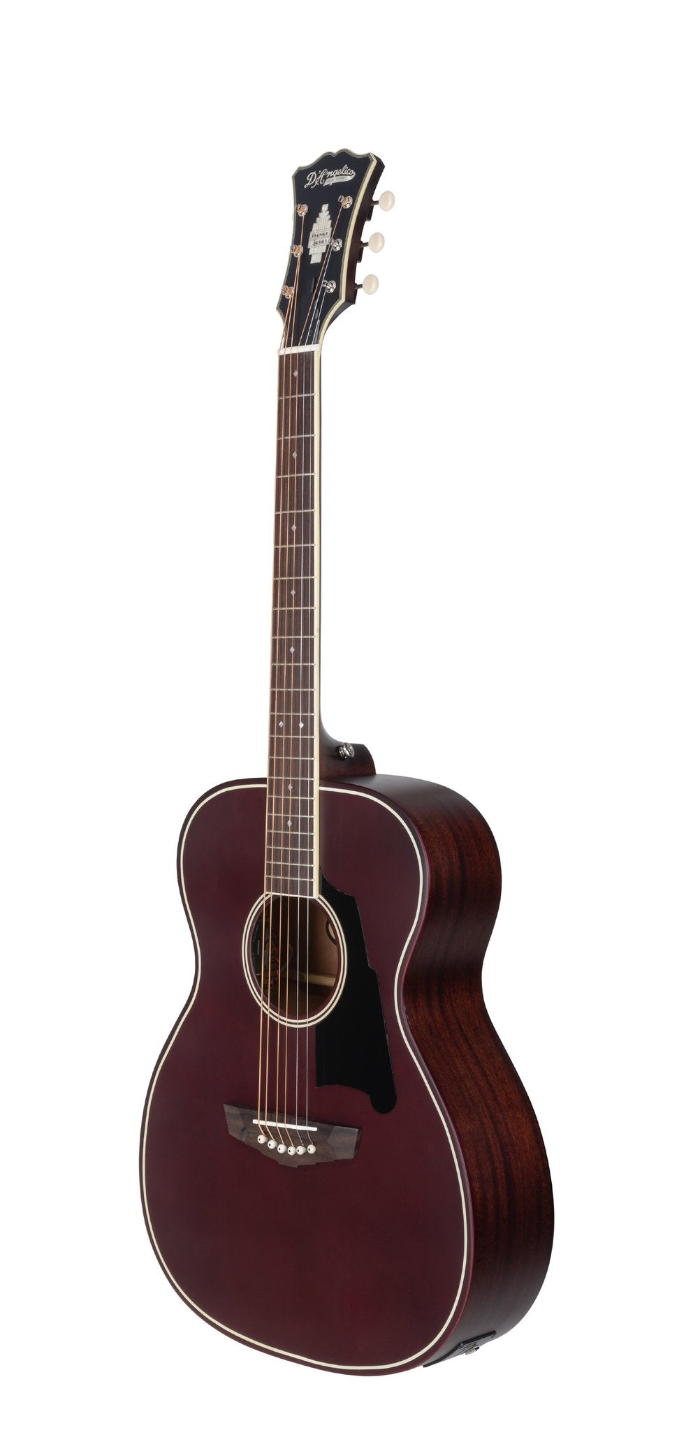 Đàn guitar acoustic điện D'Angelico Tammany XT màu Satin Wine – góc nghiêng 3/4 toàn thân