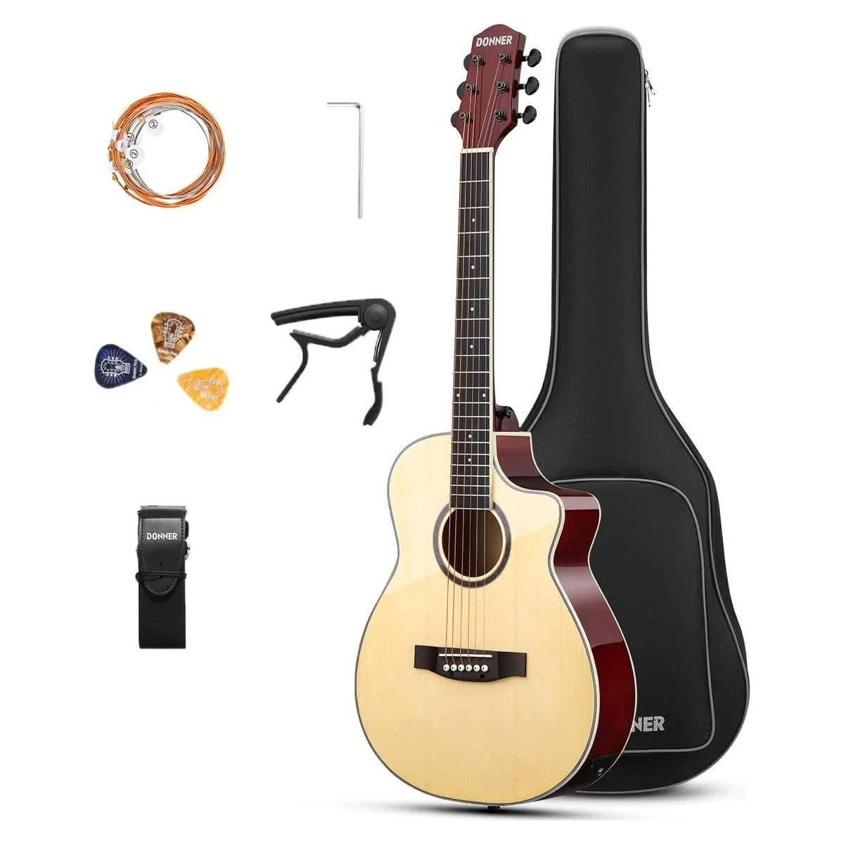 Đàn guitar acoustic điện Donner Voyager màu Gloss Natural Wood – mặt trước toàn thân