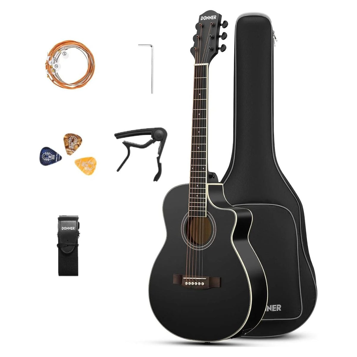 Đàn guitar acoustic điện Donner Voyager màu Matte Black – mặt trước toàn thân