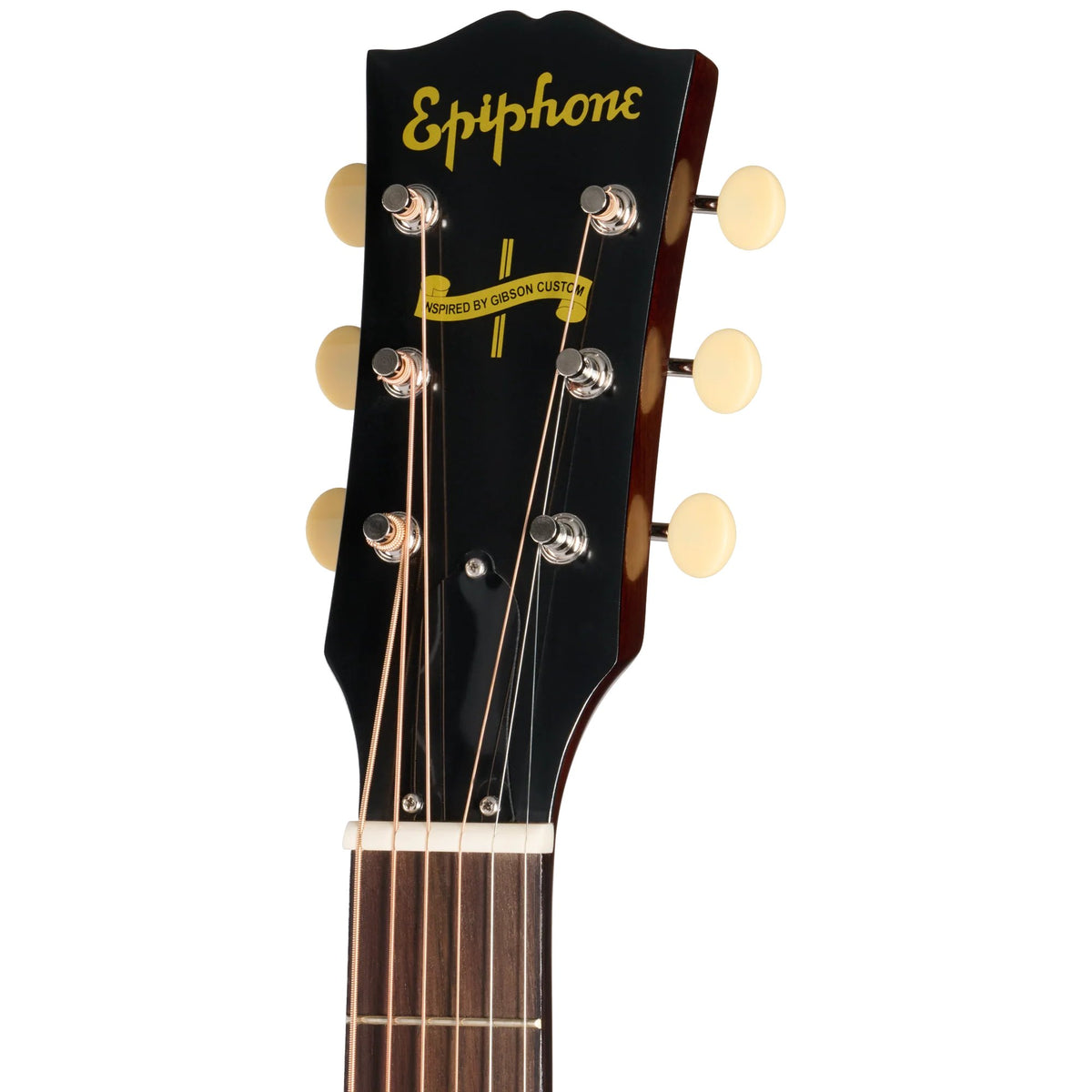 Đàn guitar acoustic điện Epiphone 1942 Banner J-45 Reissue màu Vintage Sunburst – cận đầu đàn và logo Epiphone