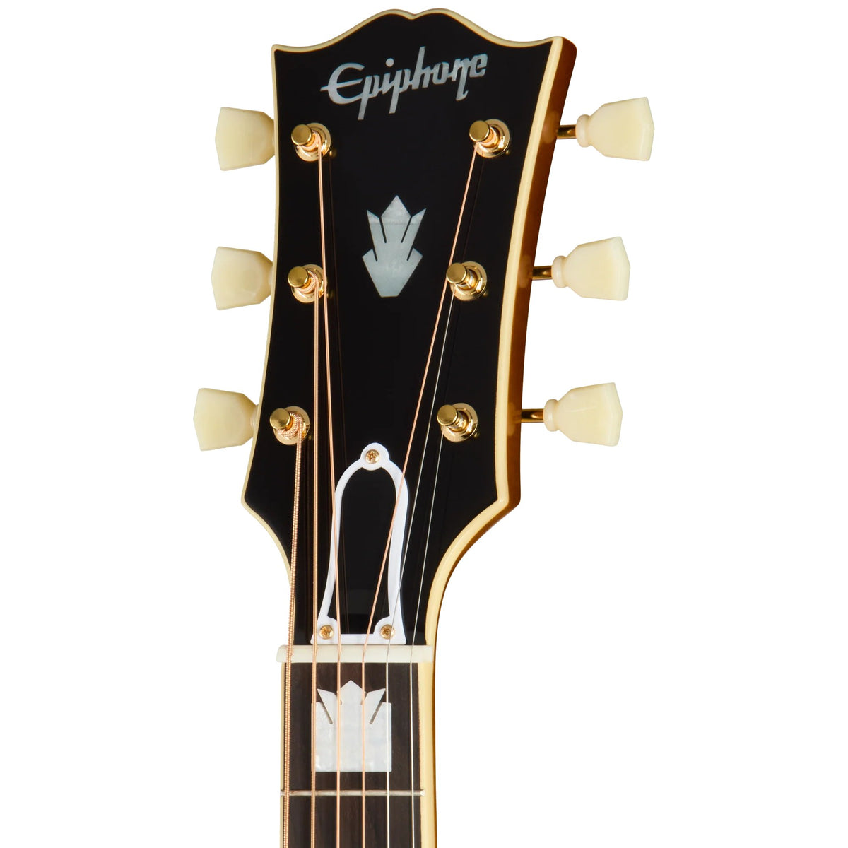 Đàn guitar acoustic điện Epiphone 1957 SJ-200 Reissue màu Antique Natural – cận đầu đàn và logo Epiphone