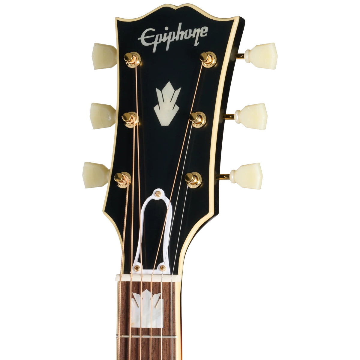 Đàn guitar acoustic điện Epiphone 1957 SJ-200 Reissue màu Vintage Sunburst – cận đầu đàn và logo Epiphone