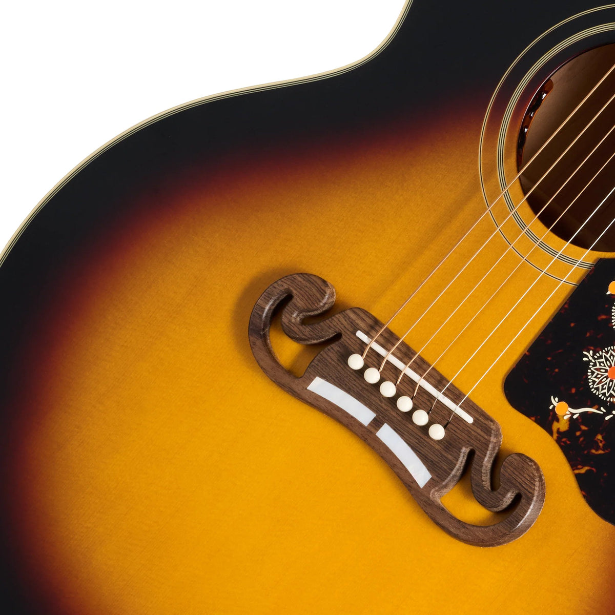 Đàn guitar acoustic điện Epiphone 1957 SJ-200 Reissue màu Vintage Sunburst – cận lỗ thoát âm và ngựa đàn