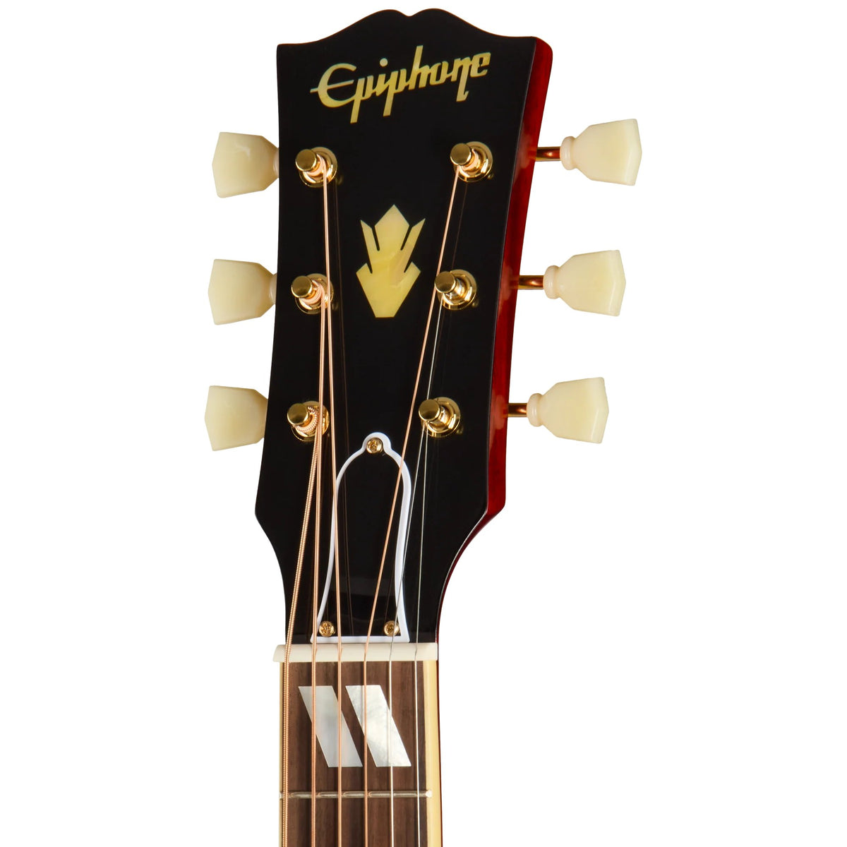 Đàn guitar acoustic điện Epiphone 1960 Hummingbird Reissue màu Heritage Cherry Sunburst – cận đầu đàn và logo Epiphone