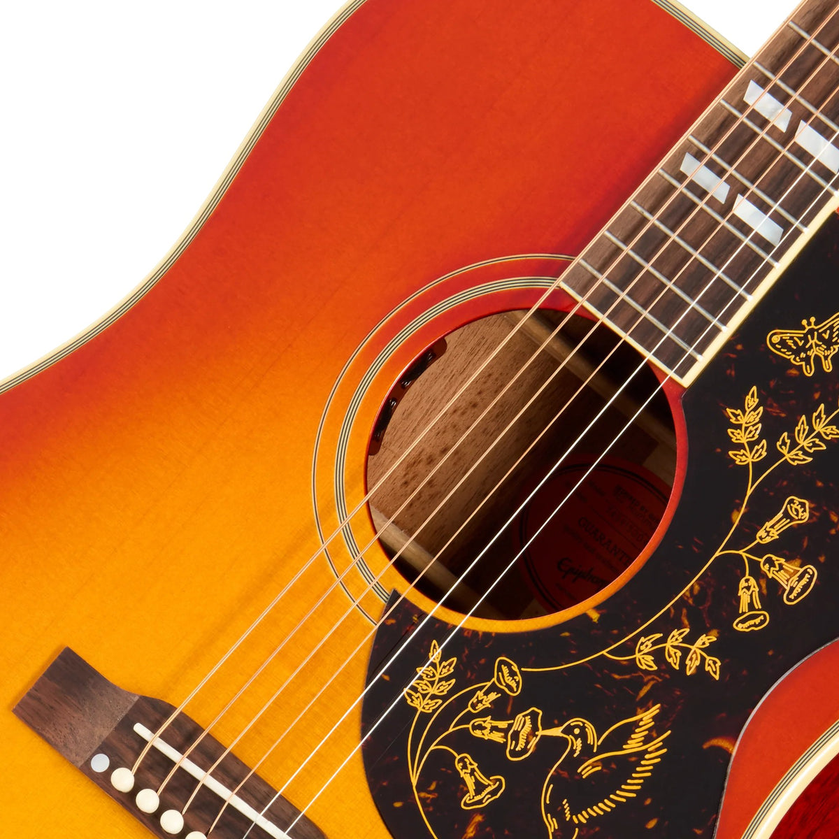 Đàn guitar acoustic điện Epiphone 1960 Hummingbird Reissue màu Heritage Cherry Sunburst – cận hoa văn viền lỗ thoát âm (rosette)