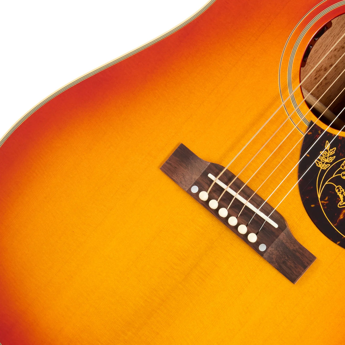 Đàn guitar acoustic điện Epiphone 1960 Hummingbird Reissue màu Heritage Cherry Sunburst – cận lỗ thoát âm và ngựa đàn
