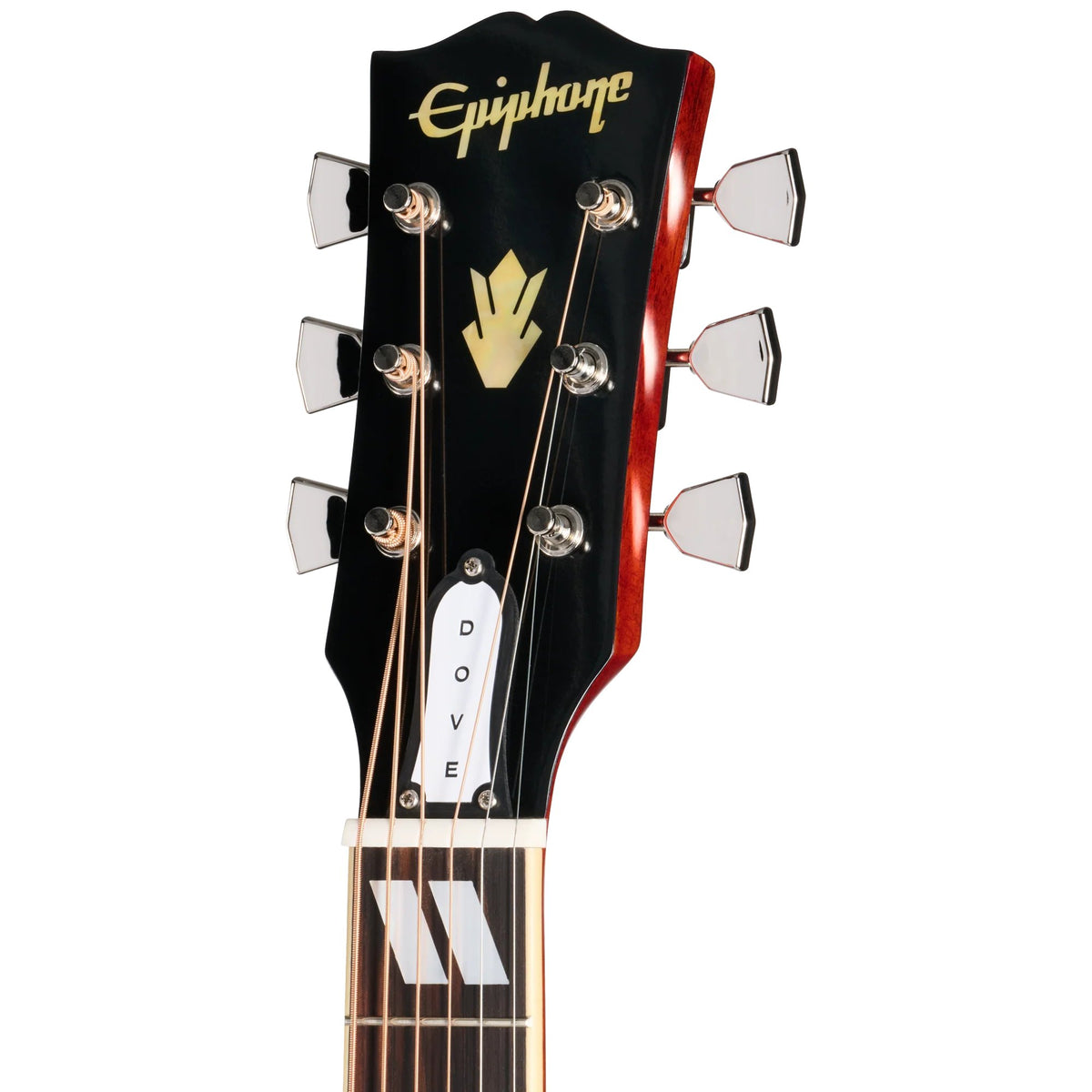 Đàn guitar acoustic điện Epiphone 1963 Dove Reissue màu Natural – cận đầu đàn và logo Epiphone