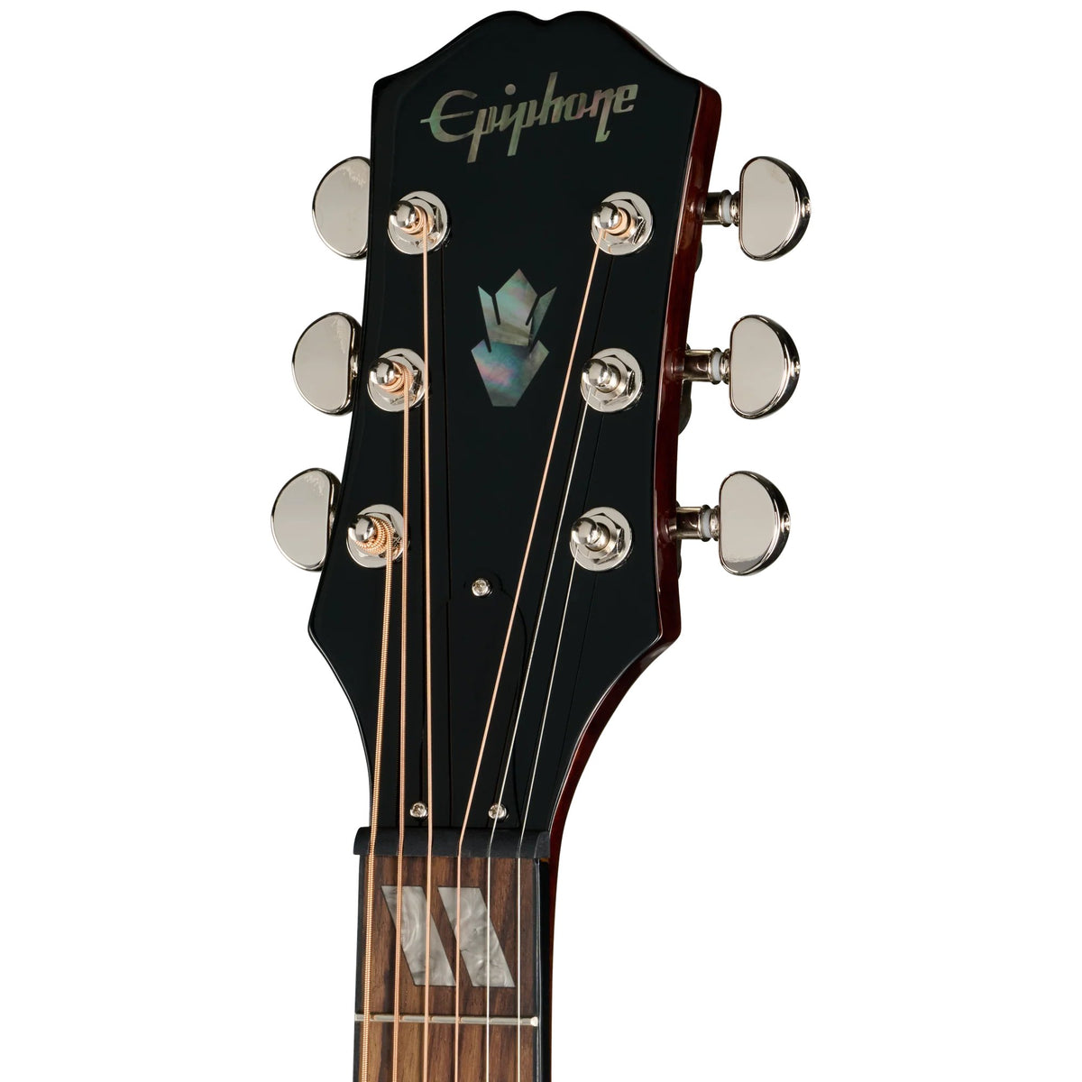 Đàn guitar acoustic điện Epiphone Eric Church Hummingbird Dark màu Cobra Burst – cận đầu đàn và logo Epiphone