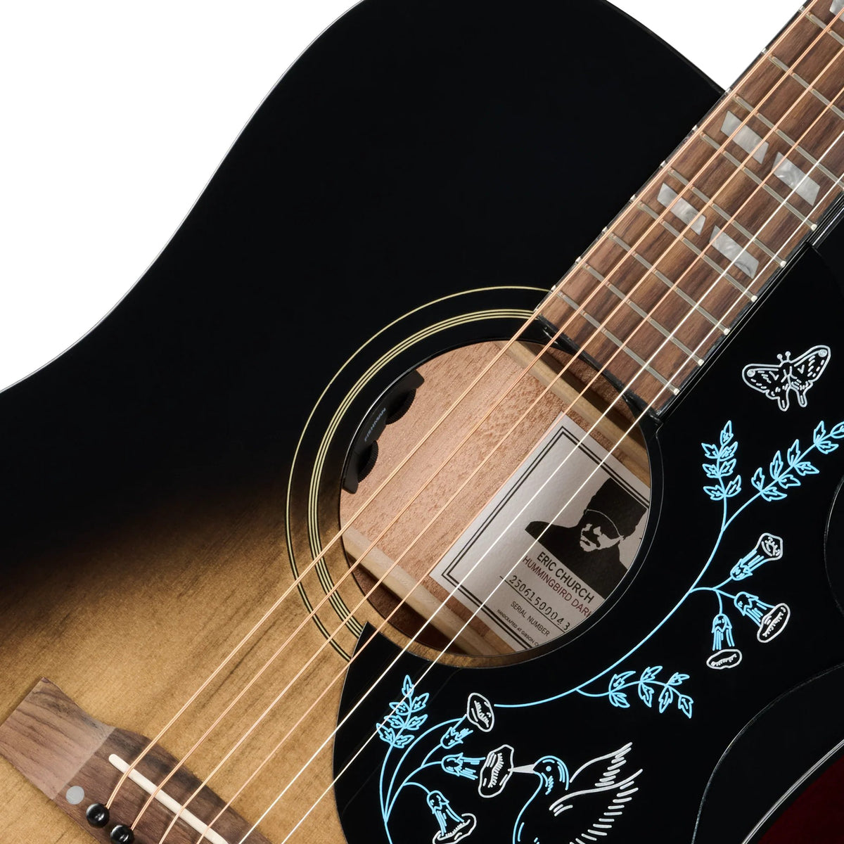 Đàn guitar acoustic điện Epiphone Eric Church Hummingbird Dark màu Cobra Burst – cận hoa văn viền lỗ thoát âm (rosette)