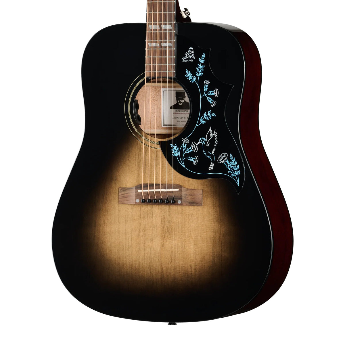 Đàn guitar acoustic điện Epiphone Eric Church Hummingbird Dark màu Cobra Burst – cận thùng đàn mặt trước