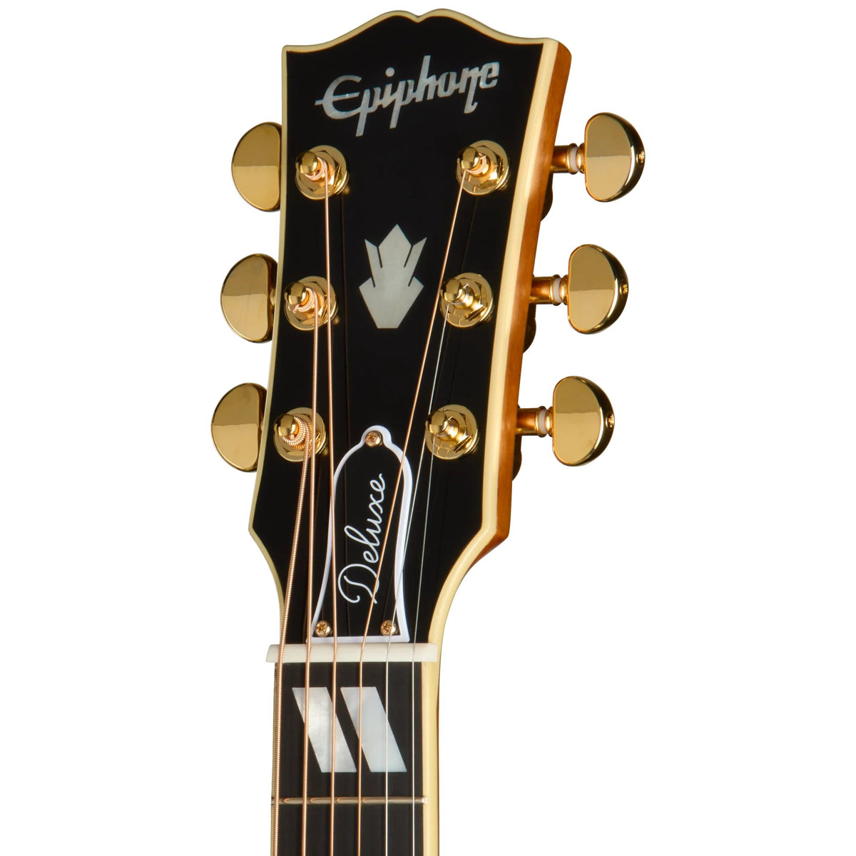 Đàn guitar acoustic điện Epiphone Hummingbird Deluxe EC màu Autumn Burst – cận đầu đàn và logo Epiphone