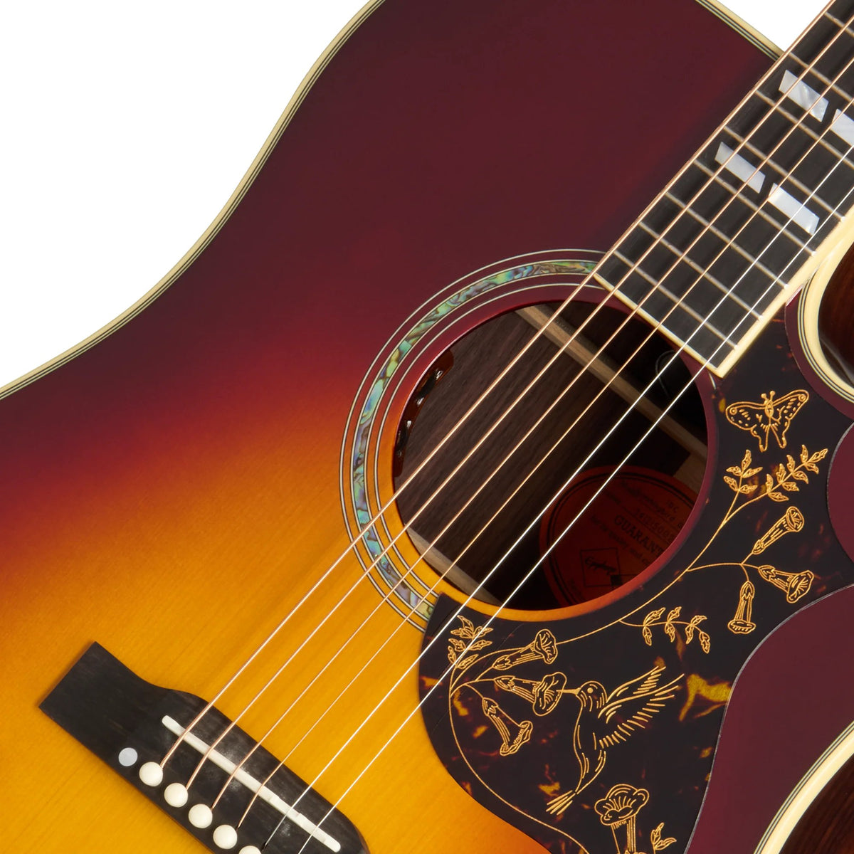Đàn guitar acoustic điện Epiphone Hummingbird Deluxe EC màu Autumn Burst – cận hoa văn viền lỗ thoát âm (rosette)