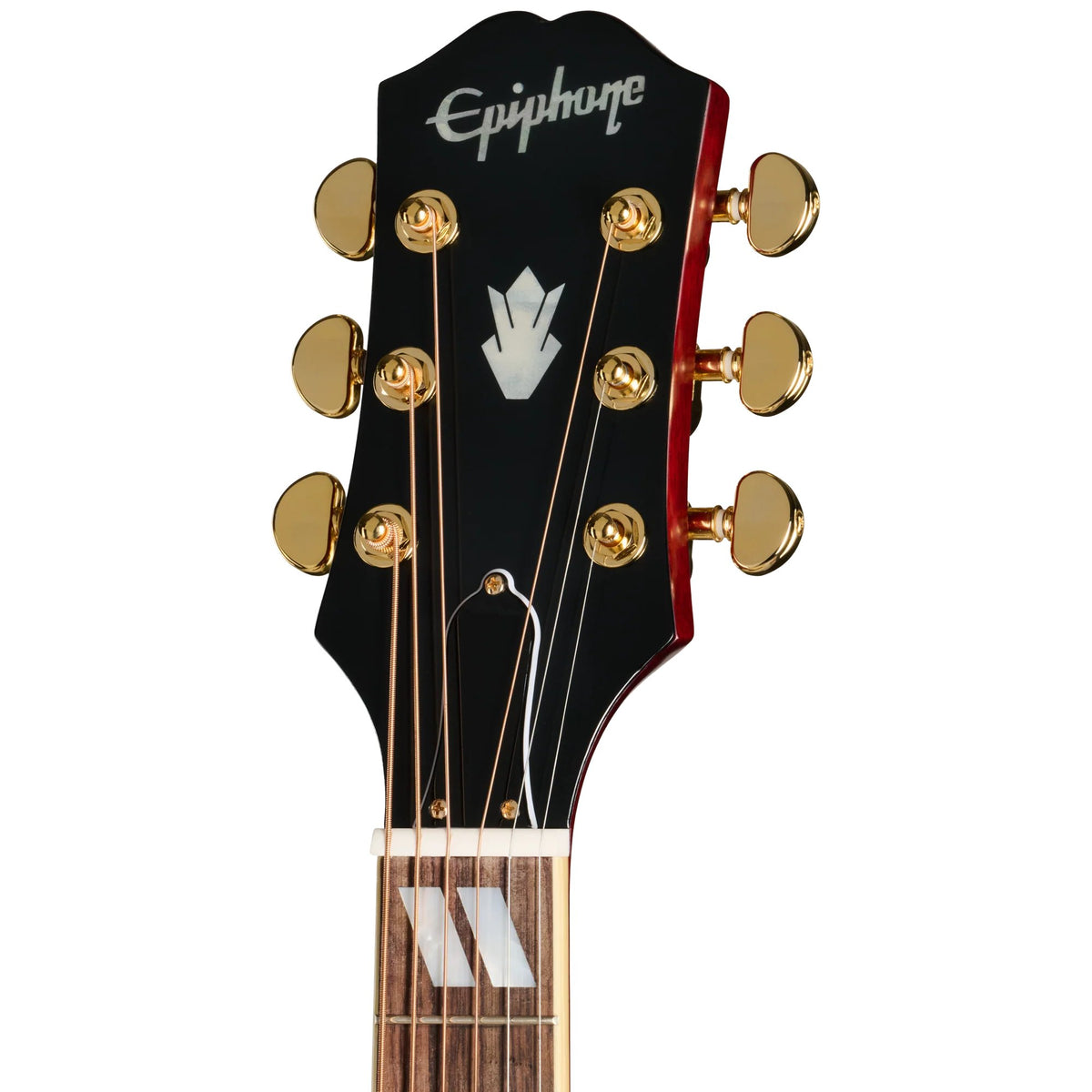 Đàn guitar acoustic điện Epiphone Hummingbird Standard EC màu Cherry Sunburst – cận đầu đàn và logo Epiphone