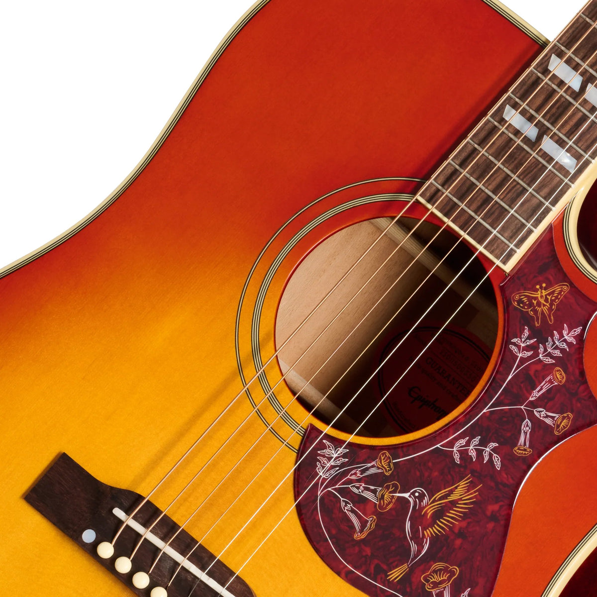Đàn guitar acoustic điện Epiphone Hummingbird Standard EC màu Cherry Sunburst – cận hoa văn viền lỗ thoát âm (rosette)