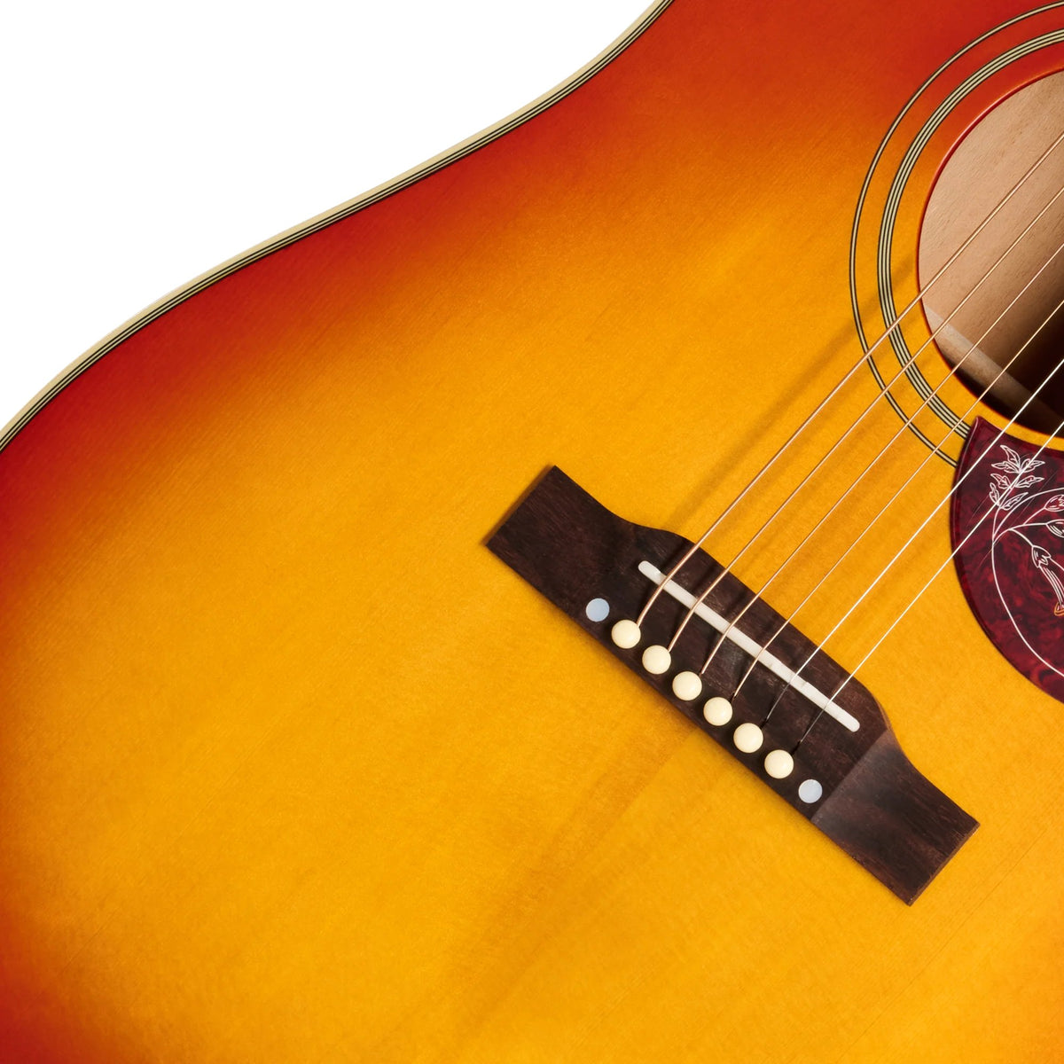 Đàn guitar acoustic điện Epiphone Hummingbird Standard EC màu Cherry Sunburst – cận lỗ thoát âm và ngựa đàn