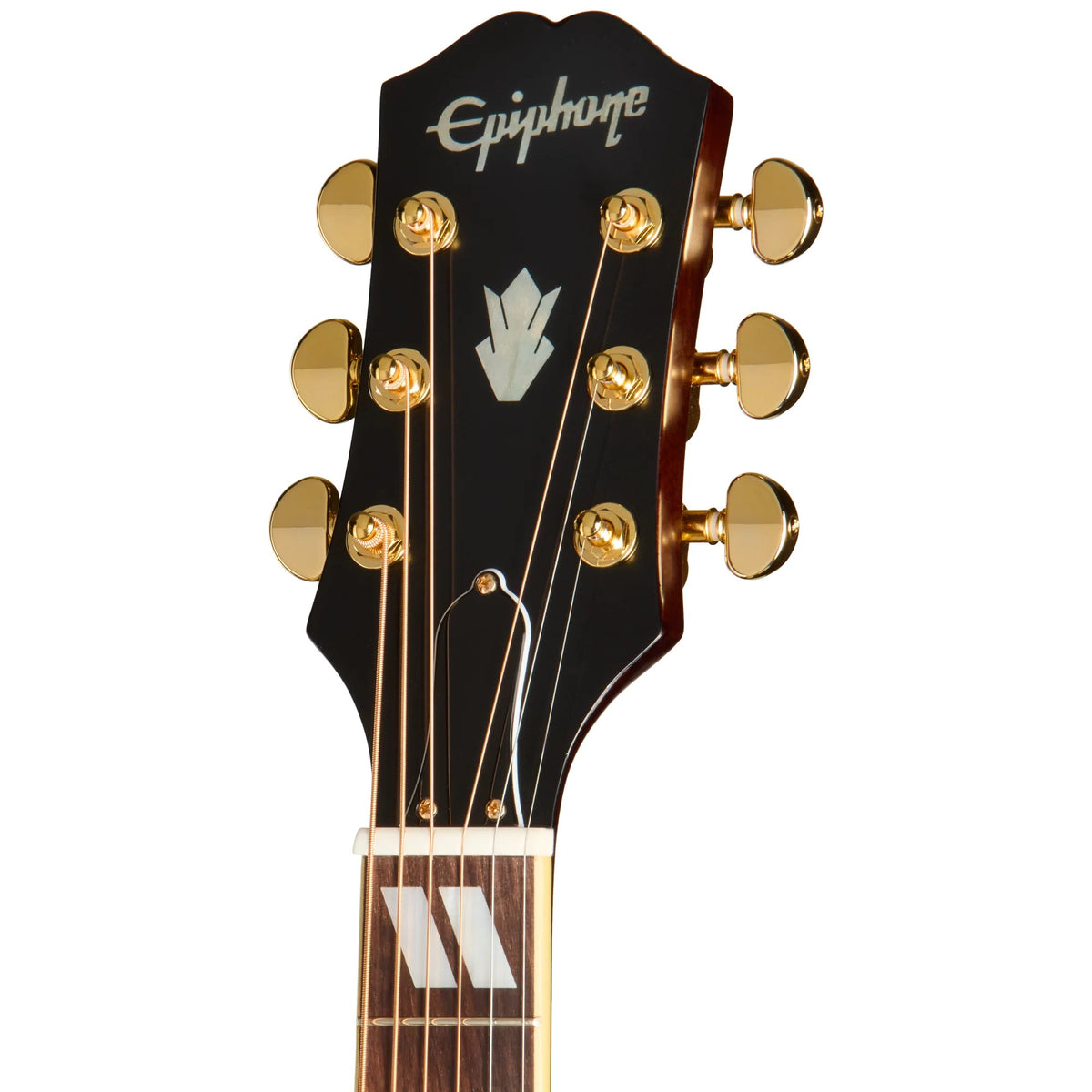 Đàn guitar acoustic điện Epiphone Hummingbird Standard EC màu Natural – cận đầu đàn và logo Epiphone