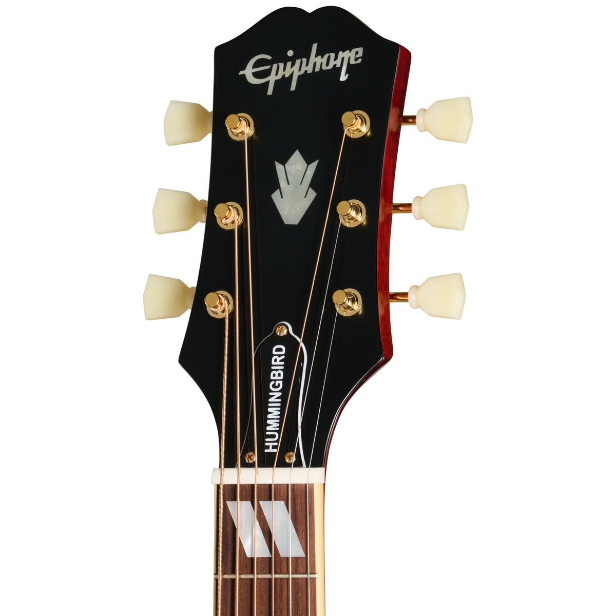 Đàn guitar acoustic điện Epiphone Hummingbird Standard màu Cherry Sunburst – cận đầu đàn và logo Epiphone