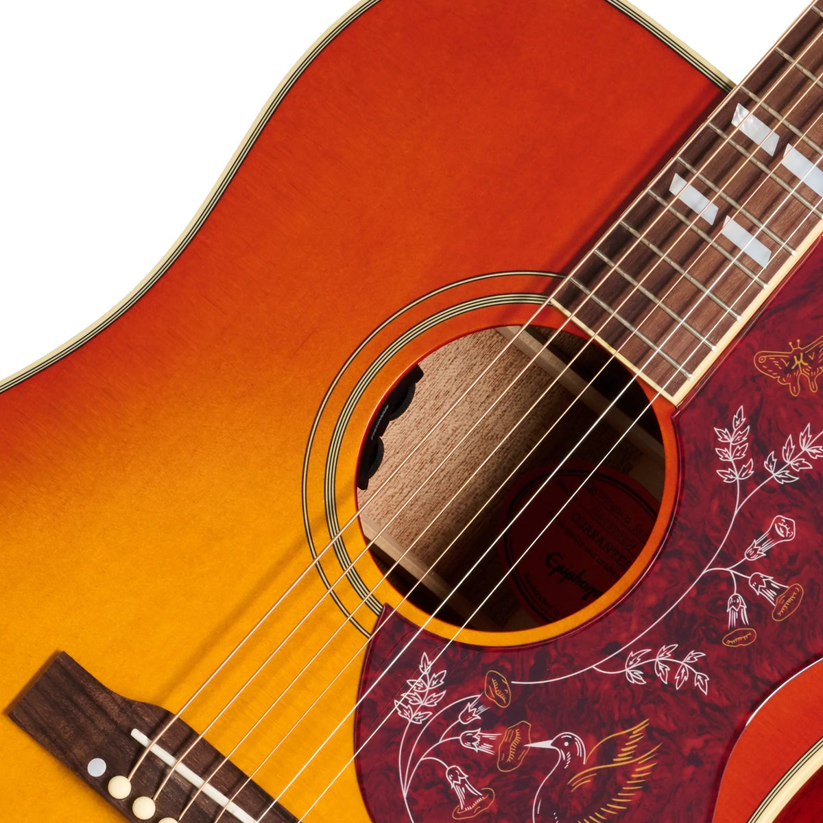 Đàn guitar acoustic điện Epiphone Hummingbird Standard màu Cherry Sunburst – cận hoa văn viền lỗ thoát âm (rosette)