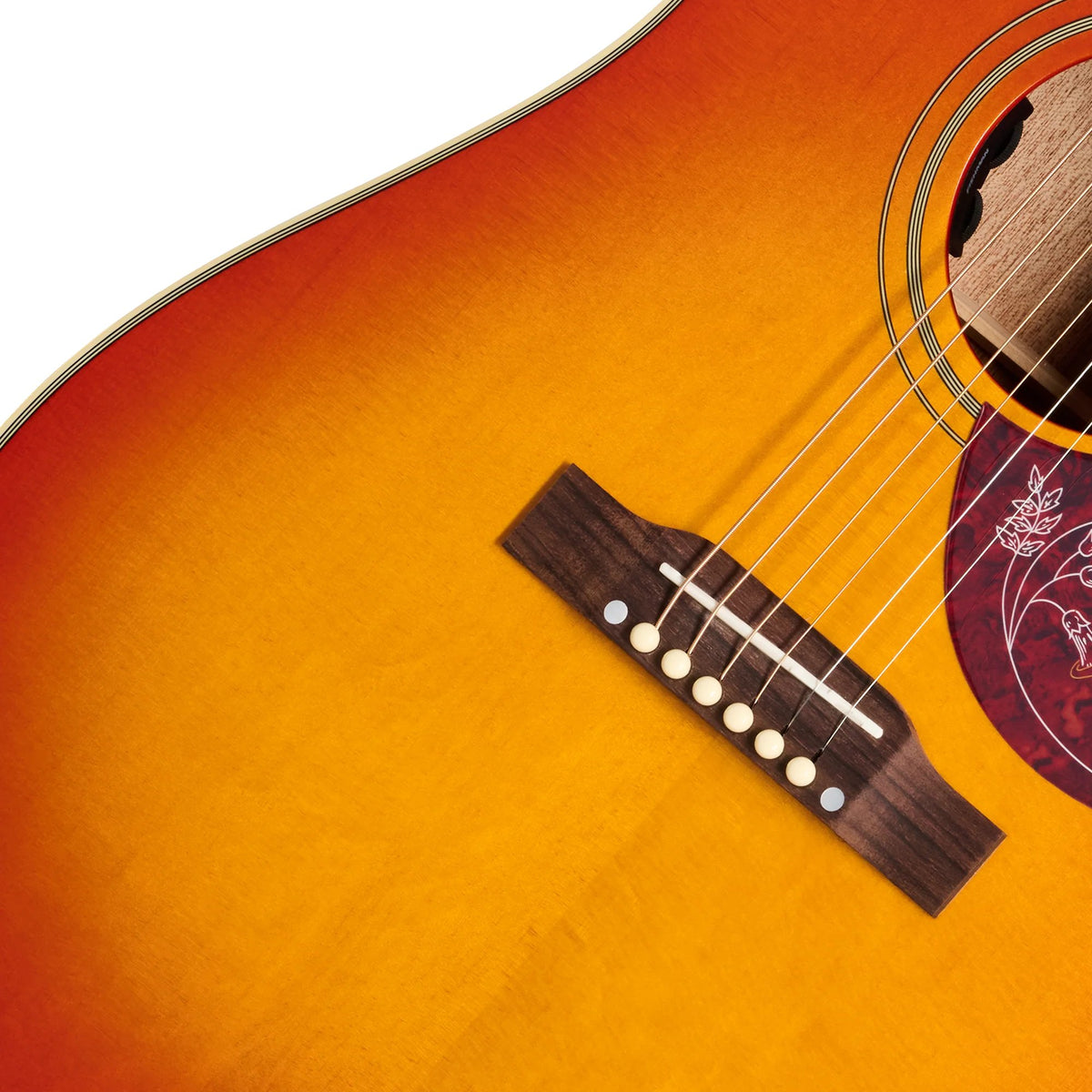 Đàn guitar acoustic điện Epiphone Hummingbird Standard màu Cherry Sunburst – cận lỗ thoát âm và ngựa đàn