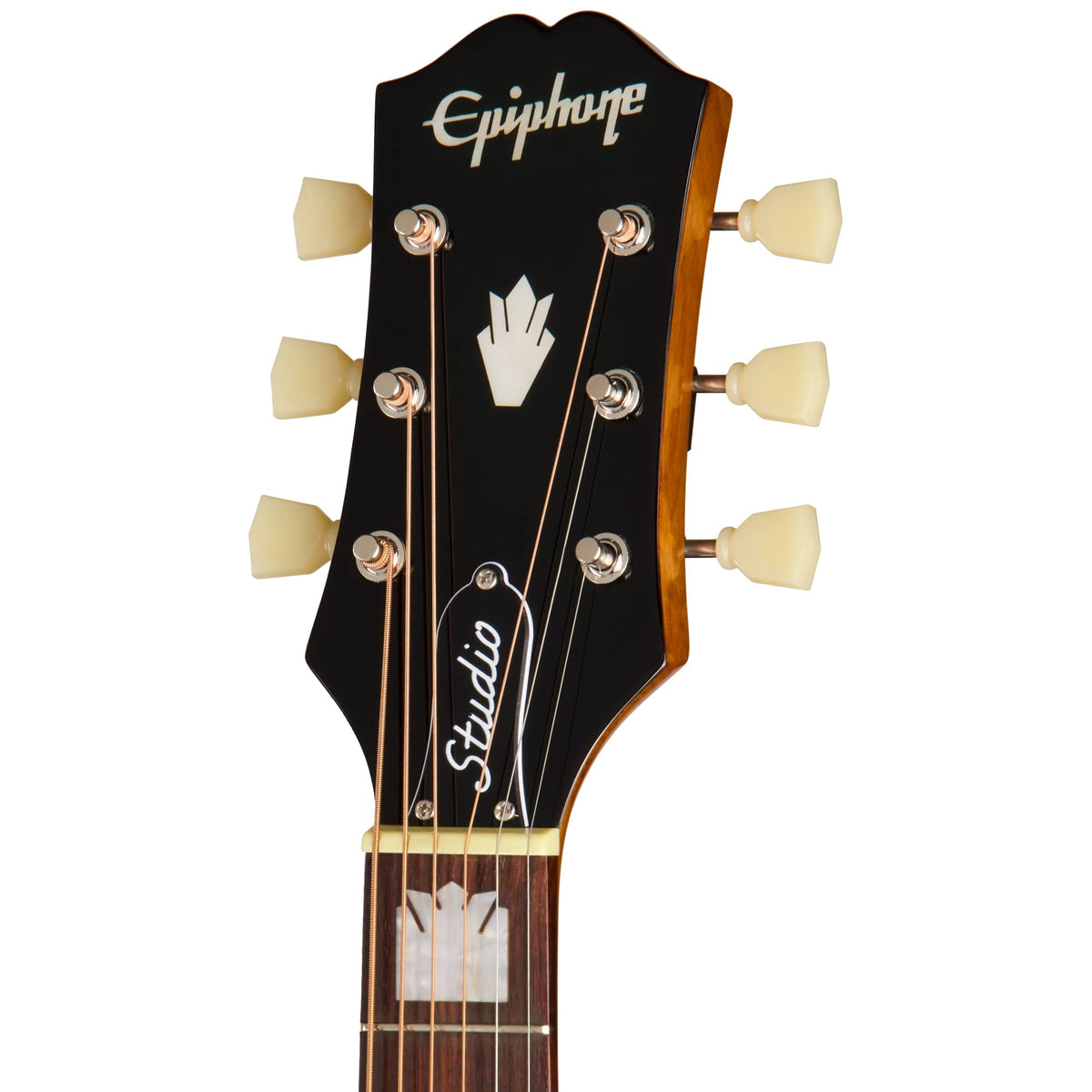 Đàn guitar acoustic điện Epiphone J-200 Studio màu Natural – cận đầu đàn và logo Epiphone