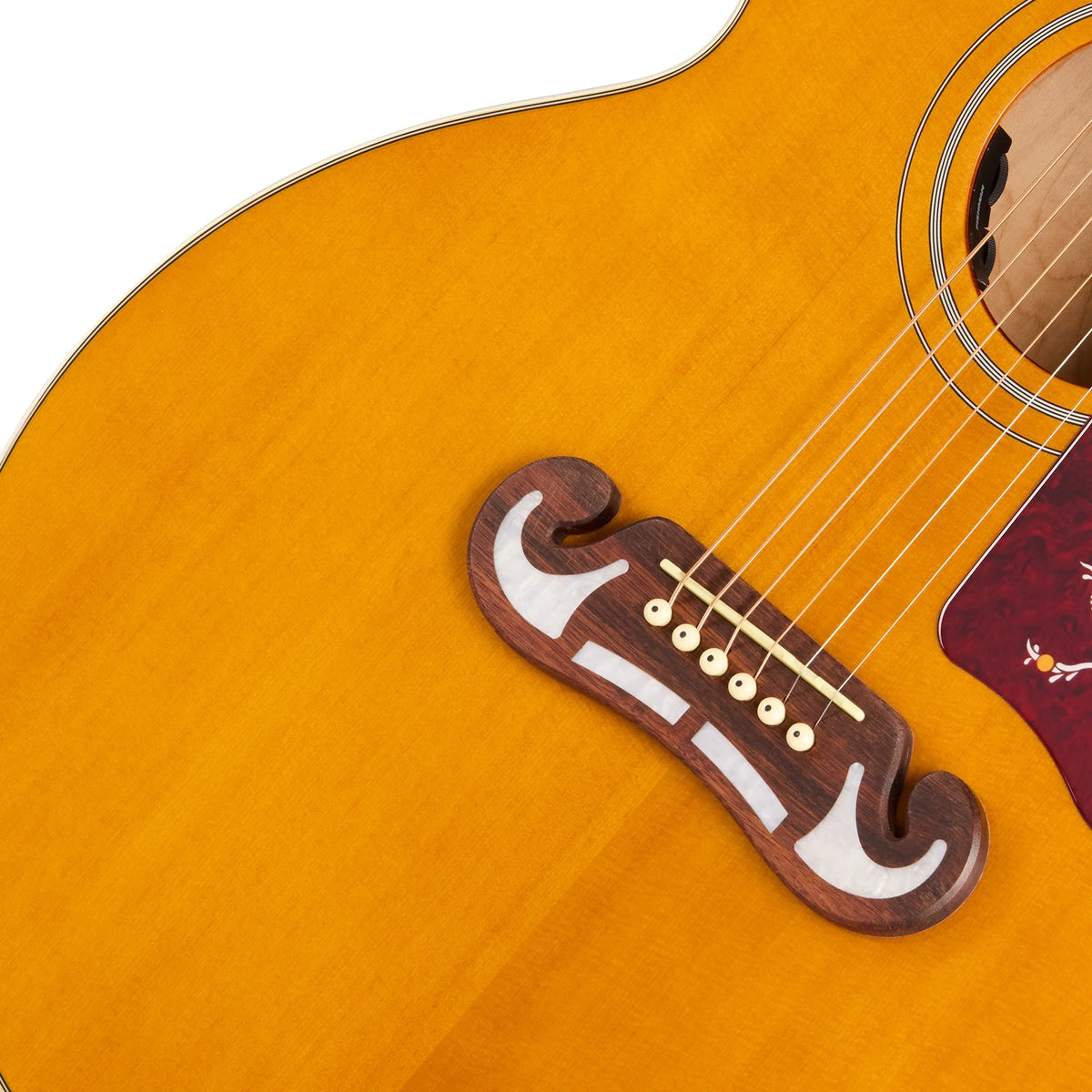 Đàn guitar acoustic điện Epiphone J-200 Studio màu Natural – cận lỗ thoát âm và ngựa đàn