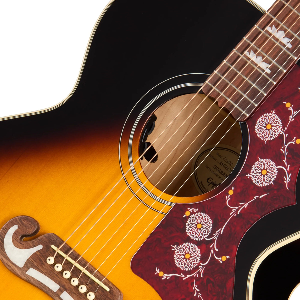 Đàn guitar acoustic điện Epiphone J-200 Studio màu Vintage Sunburst – cận hoa văn viền lỗ thoát âm (rosette)