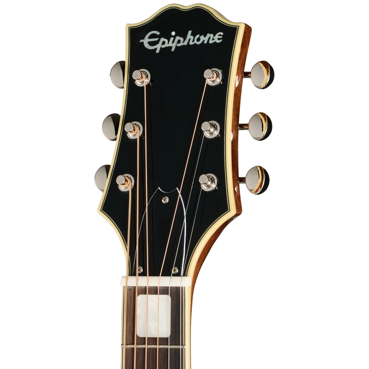 Đàn guitar acoustic điện Epiphone Marcus King El Dorado màu Antique Natural – cận đầu đàn và logo Epiphone
