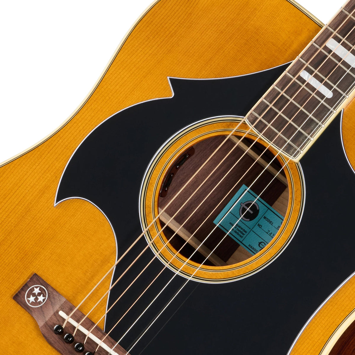 Đàn guitar acoustic điện Epiphone Marcus King El Dorado màu Antique Natural – cận hoa văn viền lỗ thoát âm (rosette)