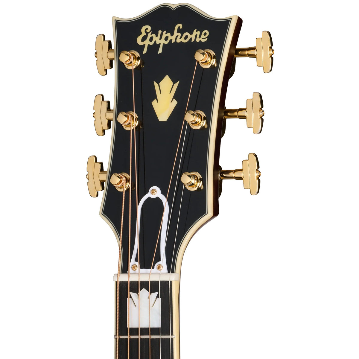 Đàn guitar acoustic điện Epiphone Pre-War SJ-200 Rosewood Reissue màu Vintage Sunburst – cận đầu đàn và logo Epiphone