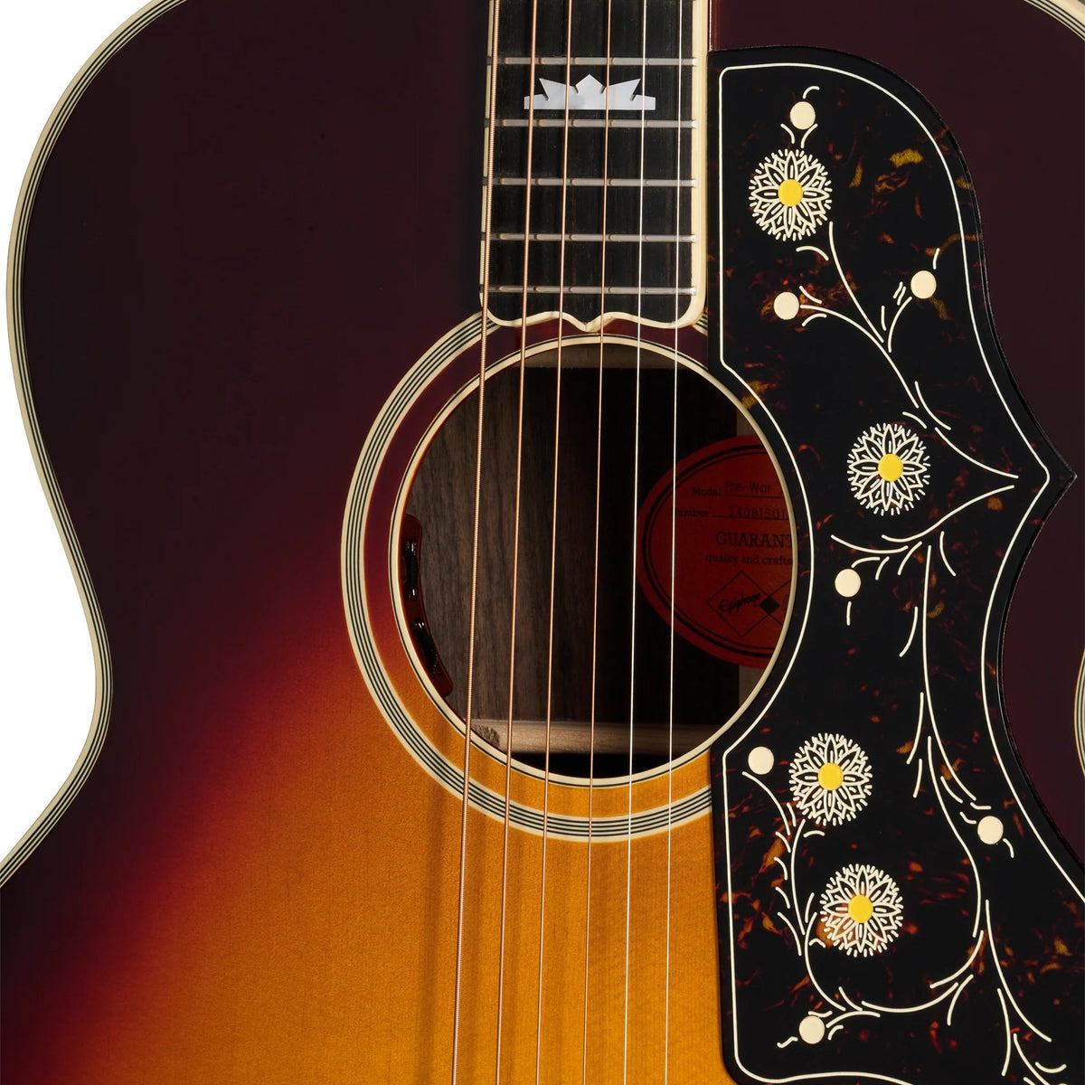 Đàn guitar acoustic điện Epiphone Pre-War SJ-200 Rosewood Reissue màu Vintage Sunburst – cận hoa văn viền lỗ thoát âm (rosette)