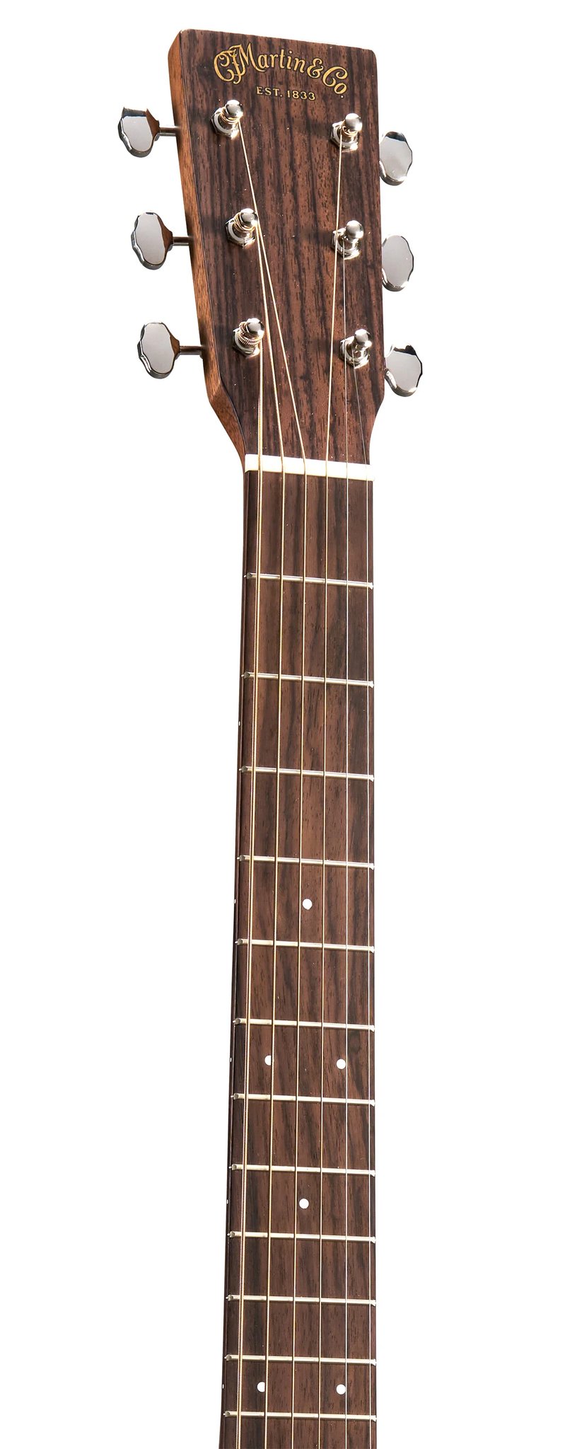 Đàn guitar acoustic điện Martin 0-10E Retro Jason Isbell màu Dark Mahogany – cận đầu đàn và logo Martin