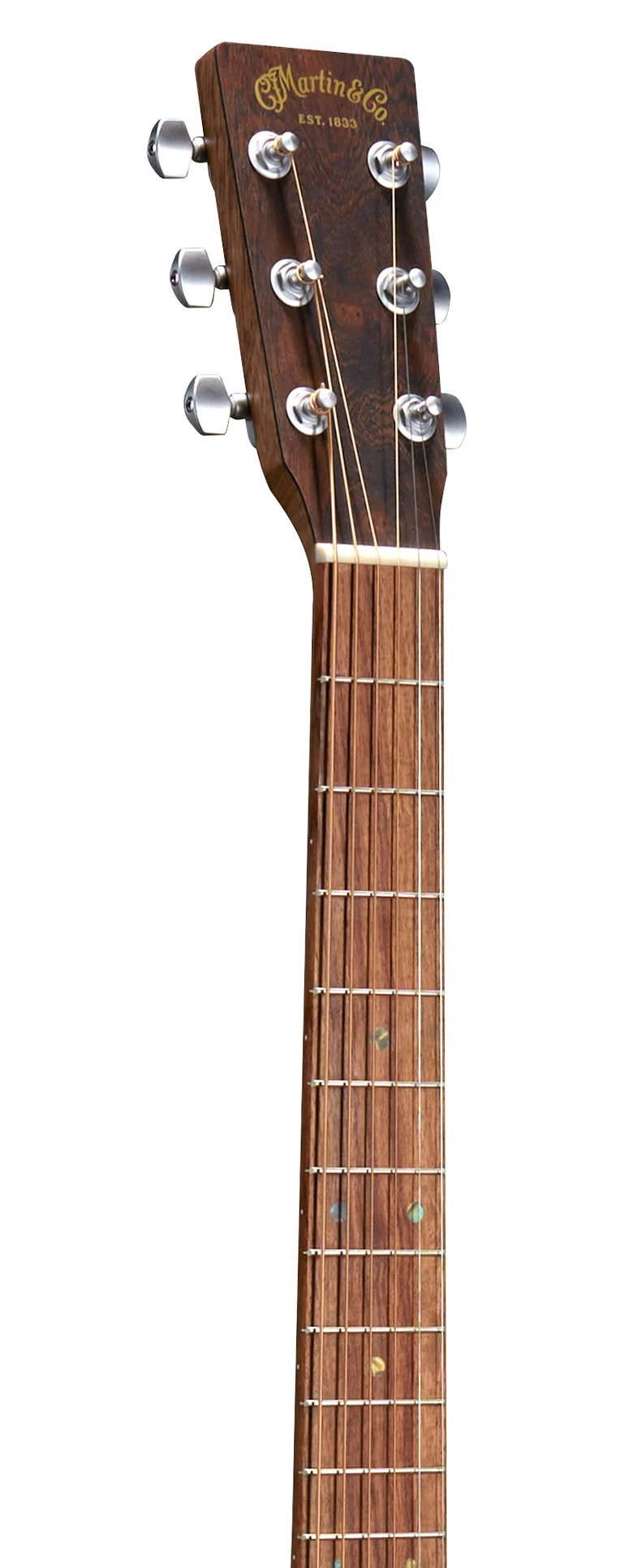 Đàn guitar acoustic điện Martin 0-X2E màu Cocobolo – cận đầu đàn và logo Martin