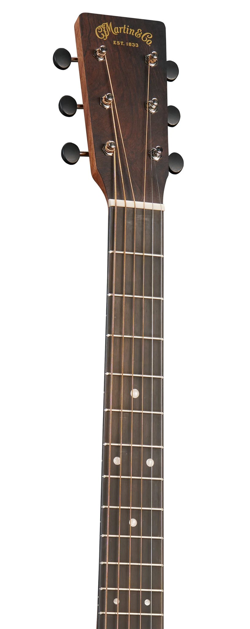 Đàn guitar acoustic điện Martin 000-10E Retro màu Aging Toner – cận đầu đàn và logo Martin