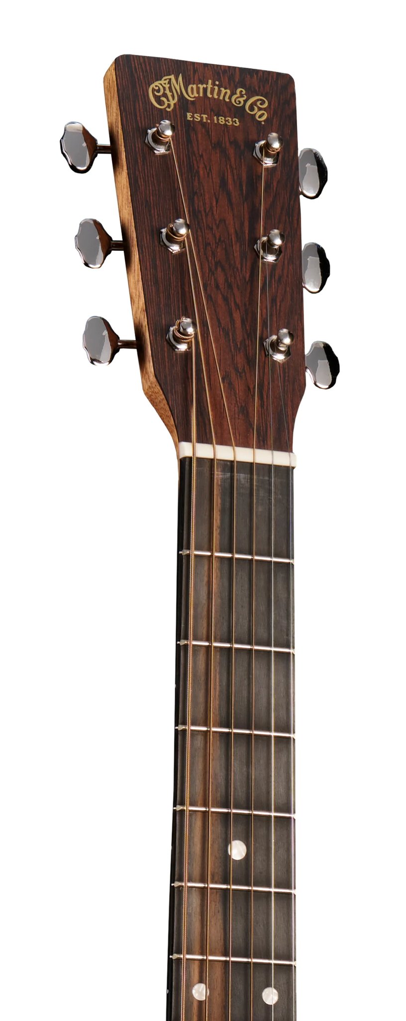 Đàn guitar acoustic điện Martin 000-13E Retro Walnut màu Aging Toner – cận đầu đàn và logo Martin