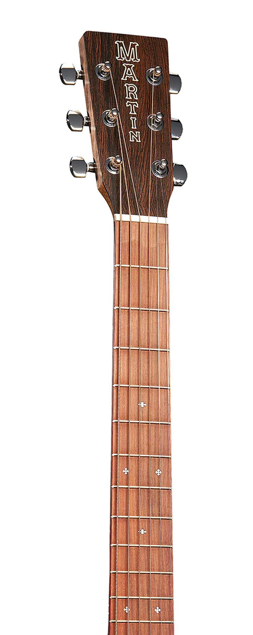 Đàn guitar acoustic điện Martin 000-X2E Brazilian Burst Special màu Vintage Burst – cận đầu đàn và logo Martin